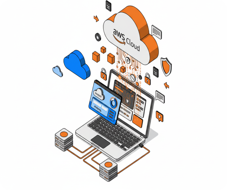 Ilustração de um notebook com conexões e uma nuvem AWS do topo.