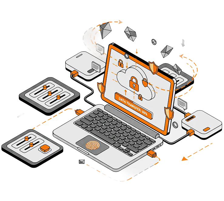 Ilustração de um notebook cheio de conexões e botões.