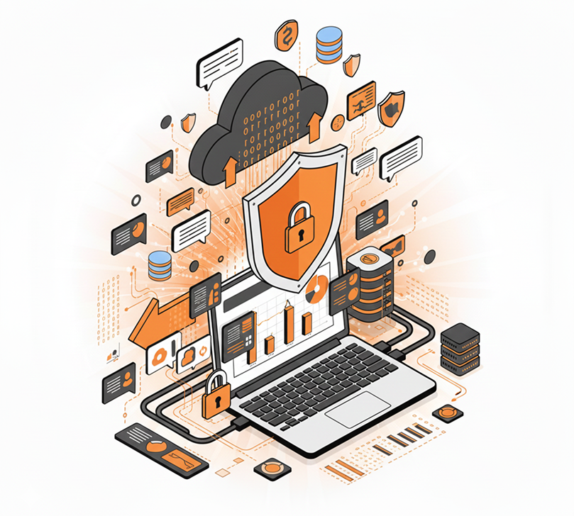 Ilustração de um notebook cheio de conexões, setas, banco de dados.