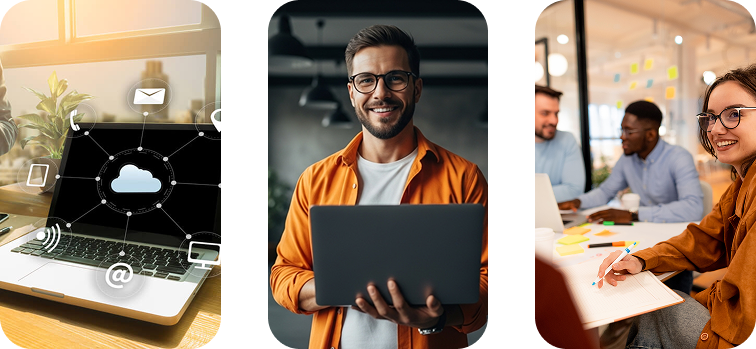 3 imagens: a primeira é um computador com conexões, a segunda é um homem com um notebook na mão e a terceira é 3 pessoas em uma reunião com papeis na mesa.