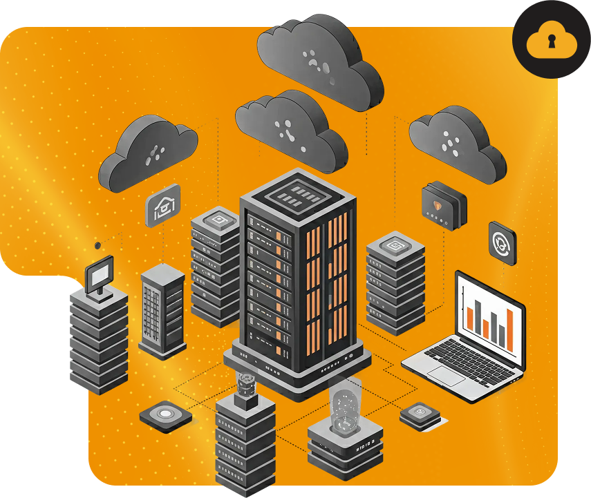 Prédios, nuvens, notebook e conexões.